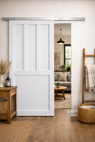 Porte Coulissante Atelier 2 panneaux blanc H204 x L83 cm, Rail Alu, Coquilles blanc GD MENUISERIES Usine Directe