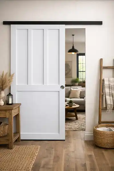 Porte Coulissante Atelier 2 panneaux blanc H204 x L83 cm, Rail Alu bandeau noir, Coquilles GD MENUISERIES Promotion Saisonnière