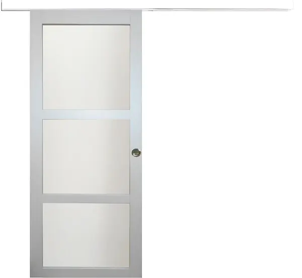 Marque Porte Coulissante Greyria Gris Clair Vitrée H204 x L83 cm, Rail Alu Bandeau Blanc, Coquilles GD MENUISERIES
