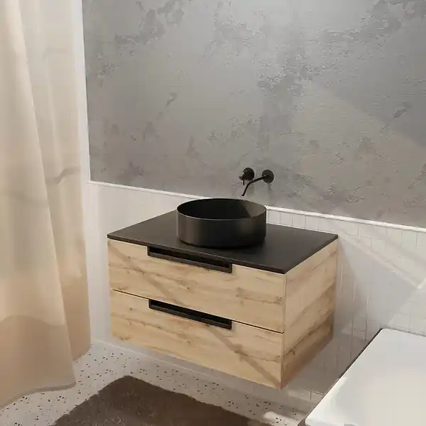 Offre Spéciale Meuble salle de bains 80 cm a Suspendre Decor Bois et Plan Noir - 2 Tiroirs - Vasque Noire 36 cm AURLANE