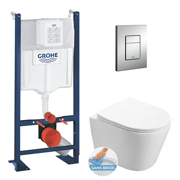 Grohe Pack WC Bâti autoportant + WC sans bride Infinitio + Abattant softclose + Plaque chrome + Set d‘isolation phonique Populaire