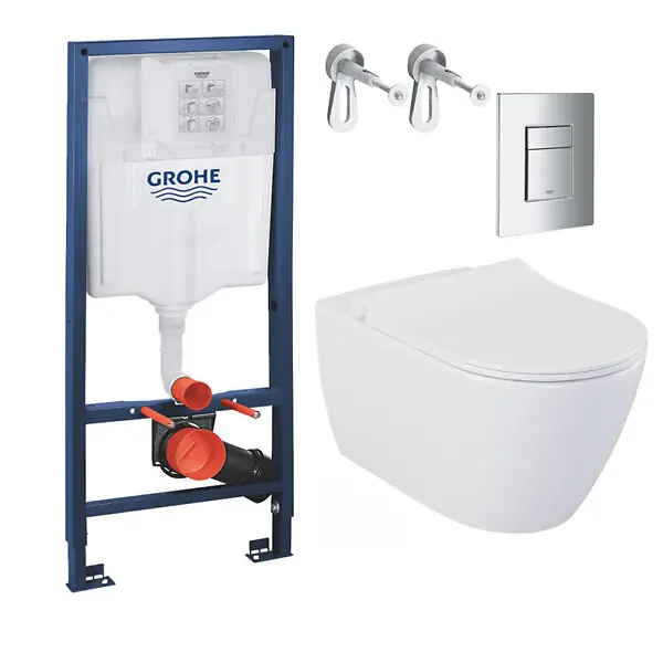 Grohe Pack WC Bâti-support Rapid SL + WC sans bride LIVEA Bello + Abattant softclose + Plaque Chrome (RapidSL-Bello-1) Quantité Limitée