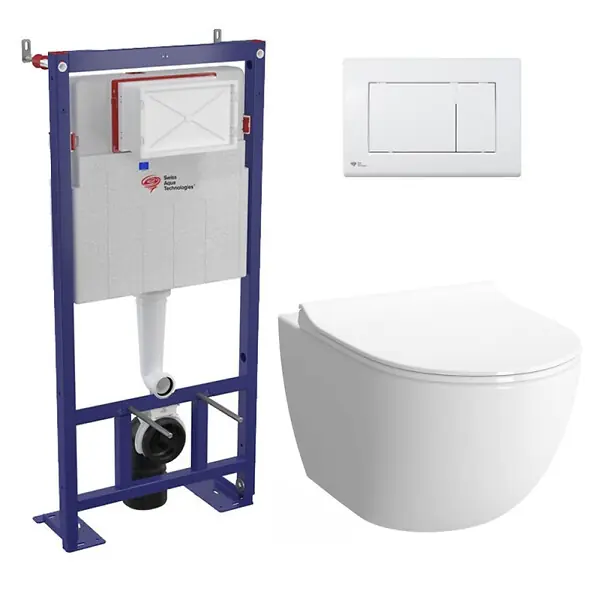 Dernière Chance Pack WC bâti-autoportant + WC SAT infinitio sans bride fixations invisibles + Abattant softclose + Plaque blanche SWISS AQUA TECHNOLOGIES