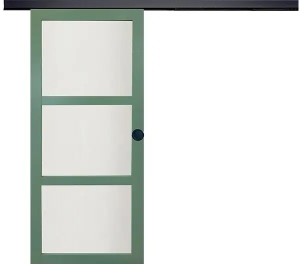 Porte Coulissante Vert Sauge RAL 6021 Vitrée H204 x L83 cm, Rail Alu Bandeau Noir, coquilles Noir GD MENUISERIES Remise
