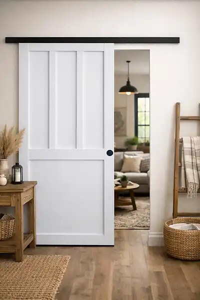 Vente Directe Porte Coulissante Atelier 2 panneaux blanc H204 x L83 cm, Rail Alu bandeau noir, Coquilles Noir GD MENUISERIES