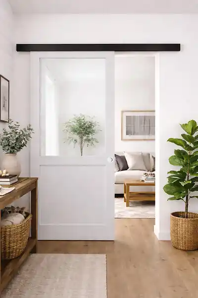 Meilleur Choix Porte Coulissante Atelier blanc sans meneau H204 x L93 cm, Rail Alu bandeau noir, Coquilles blanc GD MENUISERIES