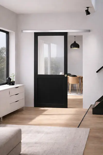 Porte Coulissante Atelier Noir H204 x L93 cm sans meneau, Rail Alu, Coquilles GD MENUISERIES Paiement Sécurisé