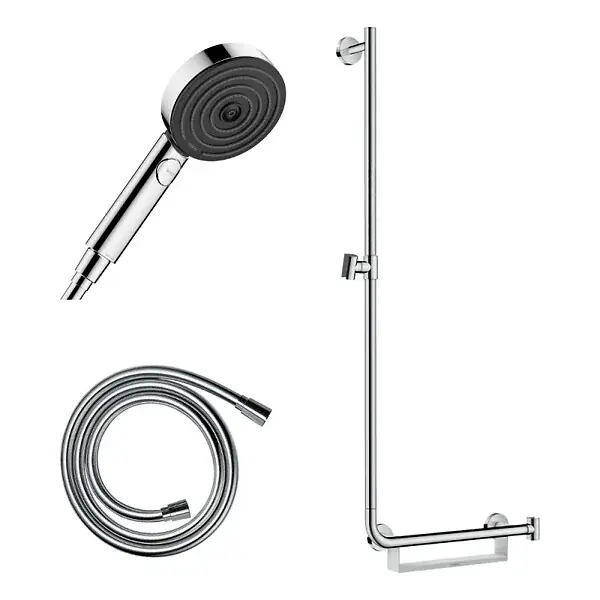 Commander Vite Barre de douche PMR Unica 110 avec poignée à droite Chromé + Pommeau de douche Pulsify 3 jets + flexible Isiflex 160cm HANSGROHE