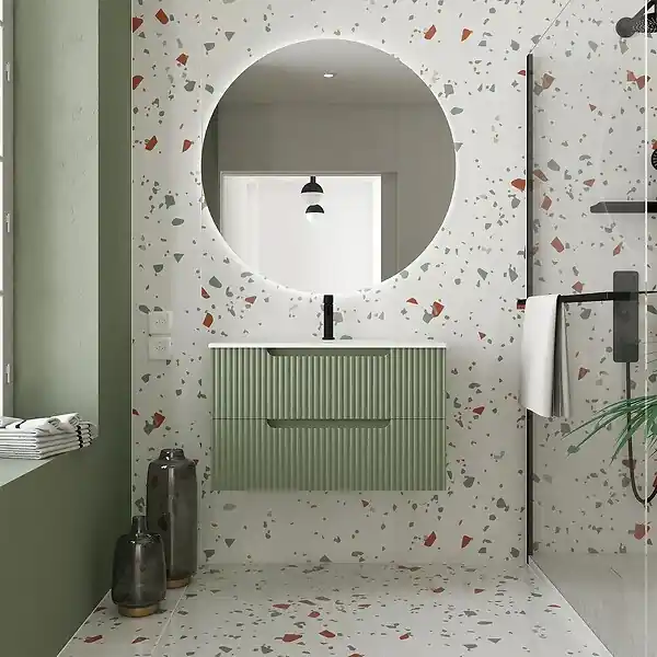 Meuble de Salle de Bains LEON 80cm Vert Olive - 2 Tiroirs en MDF Ondulés - Vasque à encastrer AURLANE Expédié Aujourd'hui