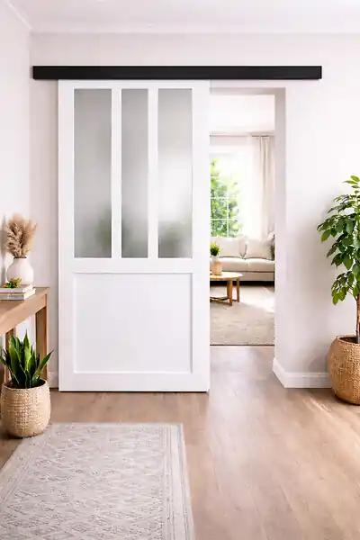 Porte Coulissante Atelier blanc vitre depoli H204 x L93 cm, Rail Alu bandeau noir GD MENUISERIES Bon Marché