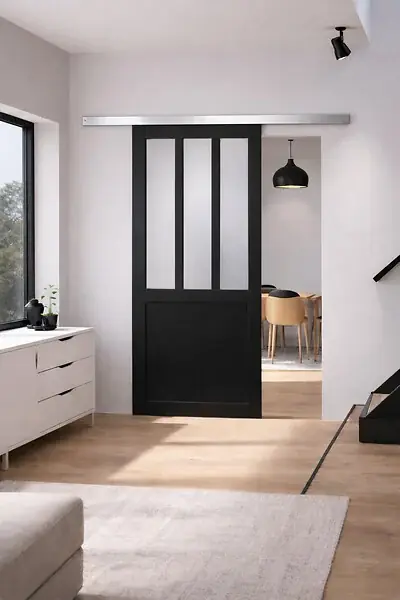 Porte Coulissante Atelier Noir vitre depoli H204 x L93 cm, Rail Alu GD MENUISERIES Pas Cher