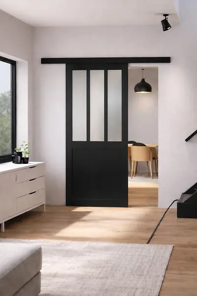Porte Coulissante Atelier Noir vitre depoli H204 x L93 cm, Rail alu Bandeau Noir GD MENUISERIES Petit Prix