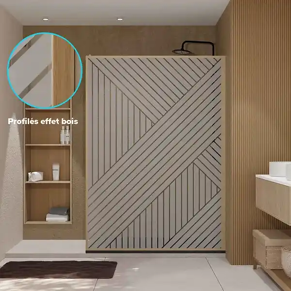 Paroi de douche 140x200 HINATA - Style Japandi Geometrique - Cadre Effet Bois - Verre 6mm AURLANE Authentique