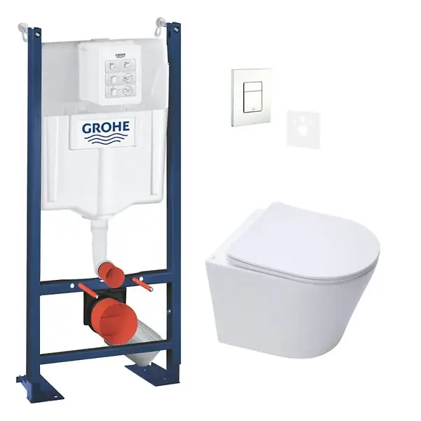 Prix Promo Pack WC Bâti autoportant + WC suspendu sans bride Infinitio + Abattant softclose + Plaque Blanche + Set d‘isolation phonique SWISS AQUA TECHNOLOGIES