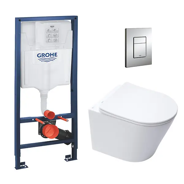 Grohe Pack WC Bâti-support + Cuvette SAT Infinitio sans bride blanc mat + Abattant frein de chute + Plaque Chrome Commander Vite