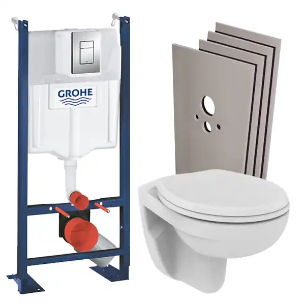 Grohe Pack WC bâti-autoportant + WC Porcher sans bride + Abattant + Set d‘habillage + Plaque chrome (ProjectPorcher-1-sabo) Remise