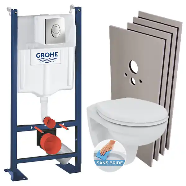 Grohe Pack WC Bâti autoportant + Cuvette Porcher rimless + Abattant + Plaque chrome + Set Habillage (ProjectPorcher-2-sabo) Nouvel Arrivage