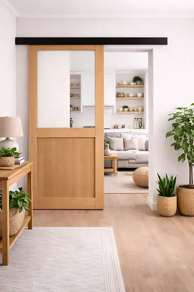 Porte Coulissante Atelier placage chene Vitrée H204 x L73 cm, Rail Alu bandeau noir GD MENUISERIES Expédié Aujourd'hui