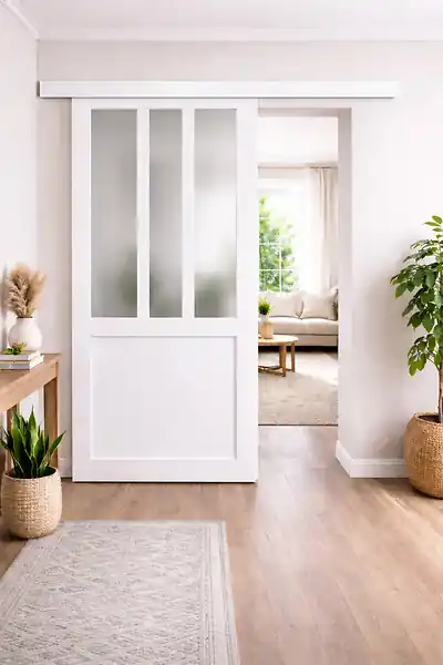 Dernier Modèle Porte Coulissante Atelier Blanc vitre depoli H204 x L93 cm, Rail alu Bandeau Blanc GD MENUISERIES