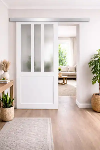Porte Coulissante Atelier Blanc vitre depoli H204 x L73 cm, Rail Alu GD MENUISERIES Must-Have