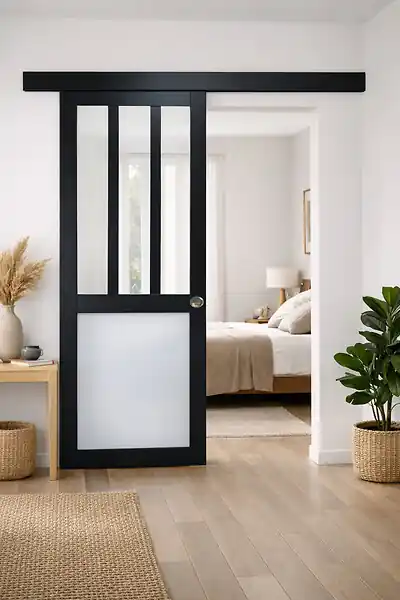 Quantité Limitée Porte Coulissante Atelier noir, blanc Vitrée H204 x L83 cm, Rail Alu Bandeau Noir, Coquilles GD MENUISERIES
