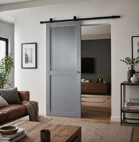 Porte Coulissante Athena Gris Clair Vitrée H204 x L73 cm, Rail roulettes, Coquilles GD MENUISERIES Authentique