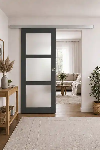Porte Coulissante Blakeria Gris Anthr Vitrée H204 x L93 cm, Rail Alu, Coquilles GD MENUISERIES Prix Réduit