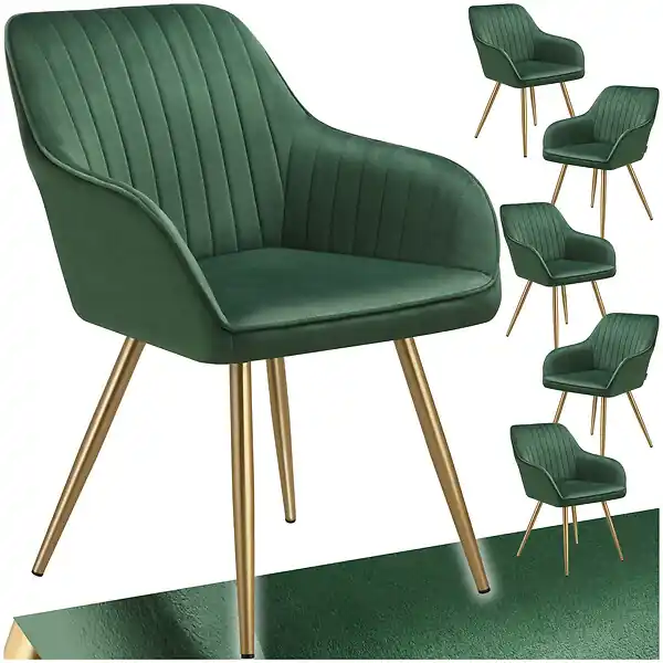 Lot 6 chaises de salle à manger aspect velours matelassé vert/or TECTAKE Affaire À Saisir