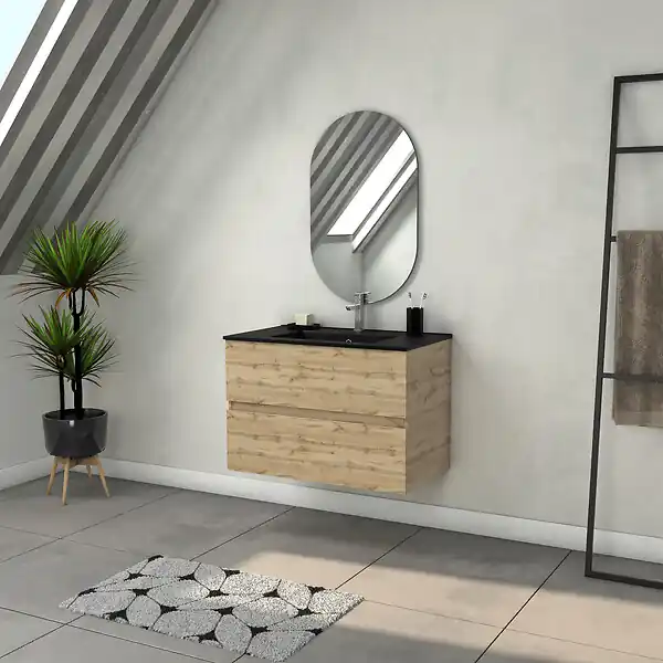 Dernière Chance Meuble Salle de Bains 80cm 2 Tiroirs Chêne Naturel + Vasque Noire et Miroir Ovale AURLANE