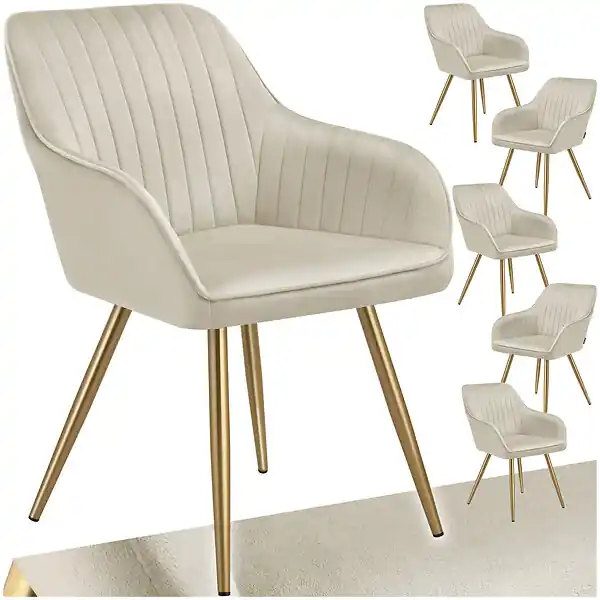 Lot 6 chaises de salle à manger aspect velours matelassé crème/or TECTAKE Expédié Aujourd'hui