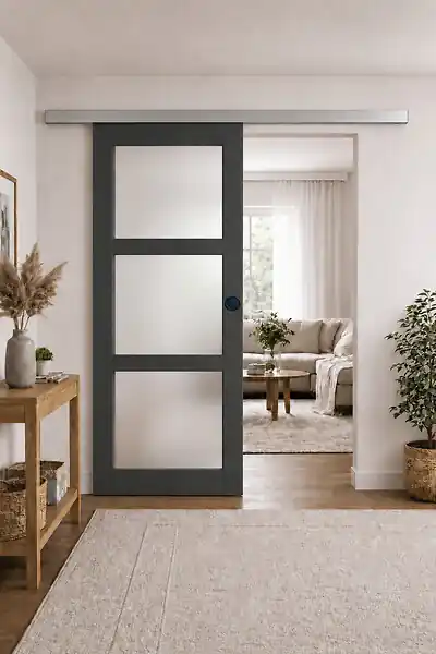 Porte Coulissante Blakeria Gris Anthr Vitrée H204 x L93 cm, Rail Alu, Coquilles Noir GD MENUISERIES Pas Cher