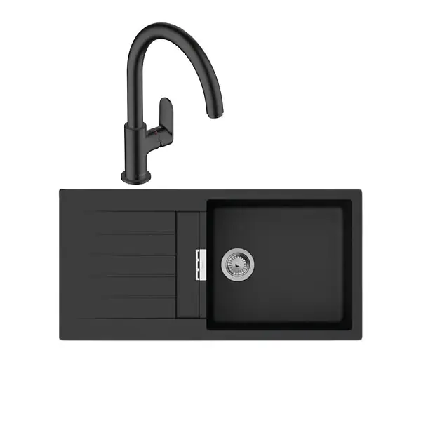 Prix Cassé Evier 1 bac 980 S52 synthèse noir + robinet de cuisine Vernis Blend M35 210 noir mat HANSGROHE