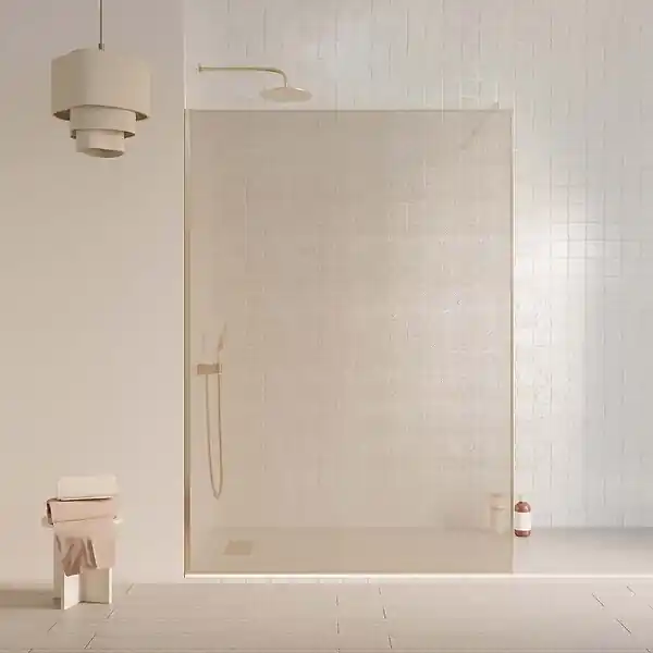 Paroi de douche 140x200cm - Verre feuilleté avec tissu doré - Encadrement Or Brossé - COUTURE AURLANE Offre Spéciale