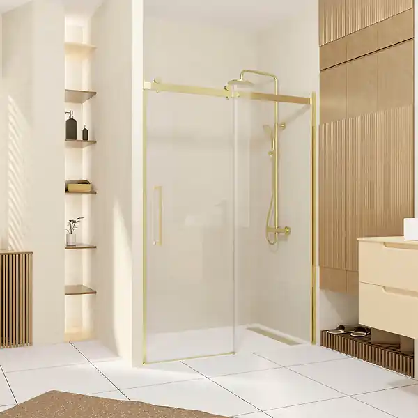 Nouvelle Collection Porte de Douche Coulissante Type Industriel 140x200 cm - Finition Or Doré Brossé - Verre Trempé 6 mm AURLANE