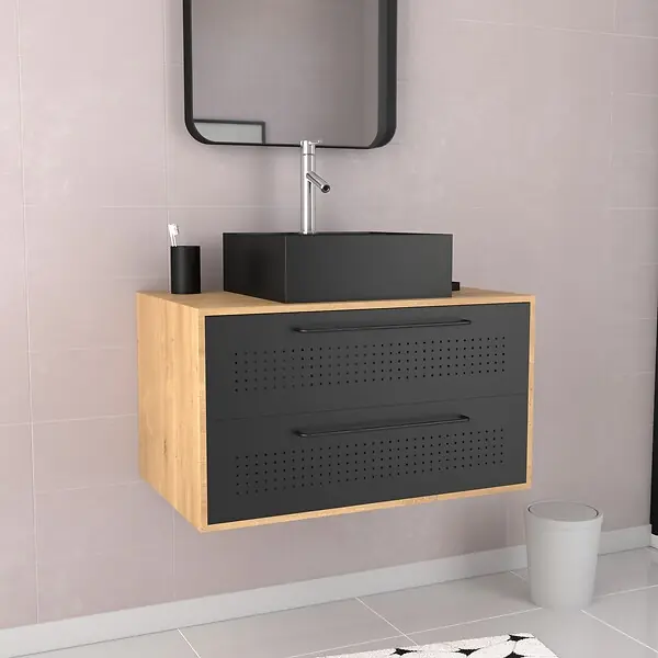 Meuble de Salle de Bains 80 cm avec Vasque Carrée - Finition Chêne naturel et Noir Mat - UBY AURLANE Paiement Sécurisé