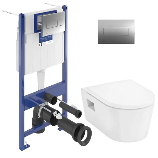 Nouvelle Collection ViConnect Pro S Pack WC Bâti Villeroy & Boch + WC sans bride Hansgrohe EluPura + Abattant softclose + Plaque Chrome (VCNPURAS1)