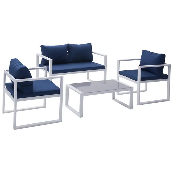 Salon de jardin IBIZA en tissu bleu 4 places - aluminium blanc HAPPY GARDEN Offre Exclusive