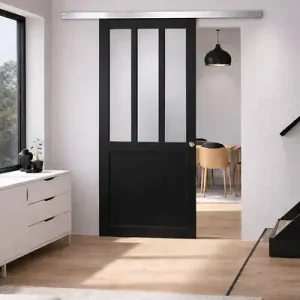 Porte Coulissante Atelier Noir vitre depoli H204 x L93 cm, Rail Alu, Coquilles GD MENUISERIES Acheter En Ligne