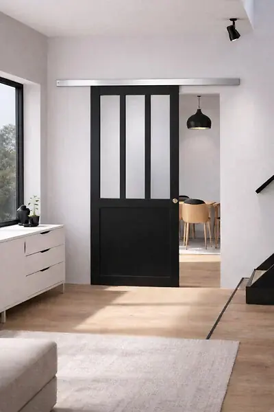 Porte Coulissante Atelier Noir vitre depoli H204 x L93 cm, Rail Alu, Coquilles GD MENUISERIES Acheter En Ligne