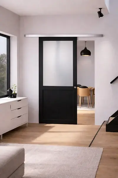 Must-Have Porte Coulissante Athena Noir H204 x L93 cm, Rail Alu, Coquilles GD MENUISERIES