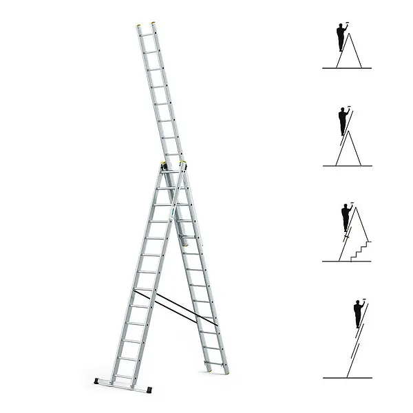 Usine Directe Echelle transformable 3 plans StablePro 3x13 marches aluminium extensible coulissante, 6 positions, hauteur travail max 8,61m, garantie 5 ans, Hostrom HOSTRÖM