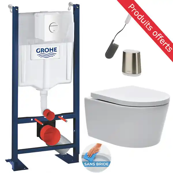 Grohe Pack Bâti-autoportant Rapid SL + WC sans bride SAT + Abattant softclose + Plaque blanche + Brosse de toilette OFFERTE Promotion