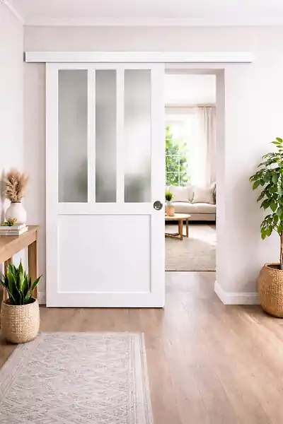 Porte Coulissante Atelier Blanc vitre depoli H204 x l93 cm, Rail alu Bandeau Blanc, Coquilles GD MENUISERIES Meilleur Choix