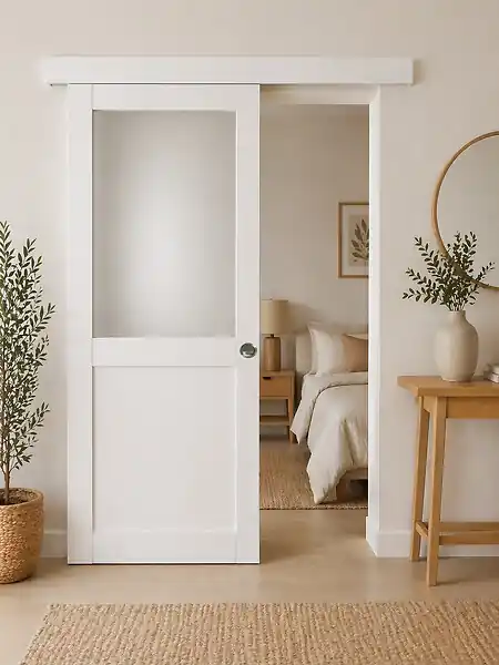 Offre Limitée Porte Coulissante Athena Blanc H204 x l93 cm, Rail alu Bandeau Blanc, Coquilles GD MENUISERIES