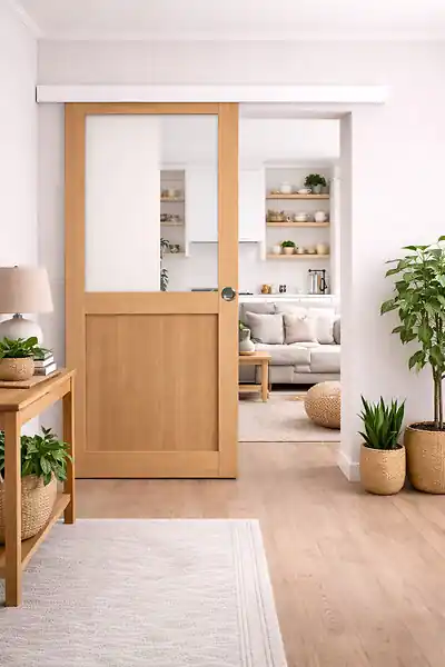 Livraison Express Porte Coulissante Atelier placage chene Vitrée H204 x L73 cm, Rail Alu Bandeau Blanc, Coquilles GD MENUISERIES
