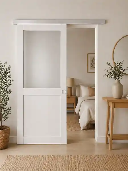 Certifié Porte Coulissante Athena Blanc H204 x L93 cm, Rail Alu, Coquilles blanc GD MENUISERIES