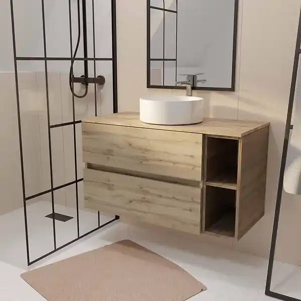 Meuble de salle de bains 100cm TIMBER Décor Chêne 2 Tiroirs et Module - Vasque Ronde Blanche AURLANE Produit De Marque