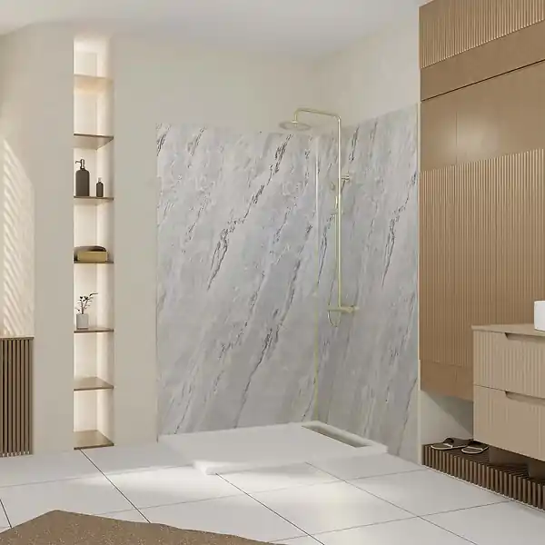 Petit Prix Pack 2 Panneaux Muraux Pierre Artic Storm 120+90x210 cm + Profilés Or Brossé AURLANE