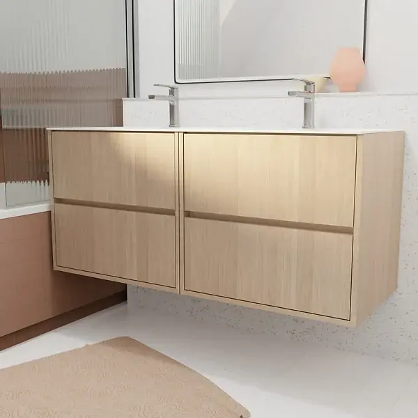 Pack Meuble Salle de Bains 120 cm Chêne Clair, 4 tiroirs avec Vasque Céramique - XENOS AURLANE Dernière Chance