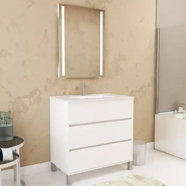 Pack Meuble Salle de Bains 80cm Blanc 3 Tiroirs, Vasque, Miroir 60x80 à Leds intégrées - XENOS AURLANE Authentique
